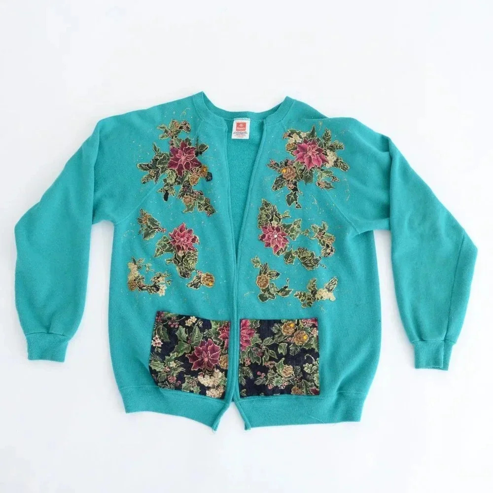Vintage Hanes Teal Blush Purple Floral Rose Garden Button Cottagecore CardiganXL